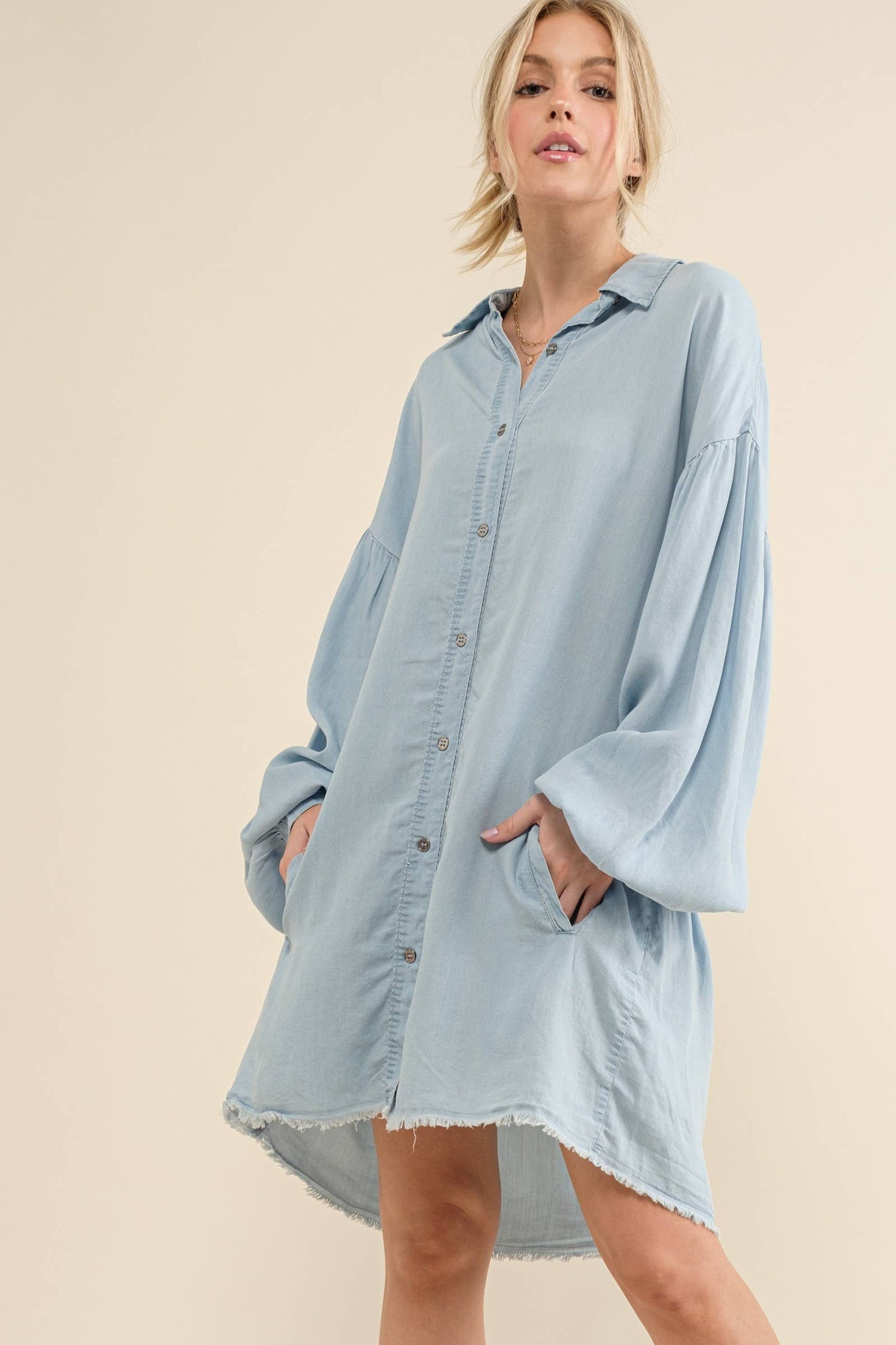 Raw Edge Hem Chambray Casual Dress