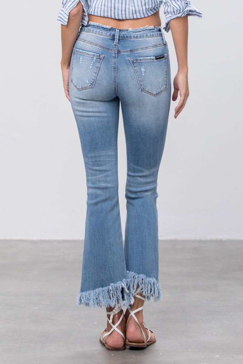 Mid Rise Long Bottom Frayed Crop Flare Jeans