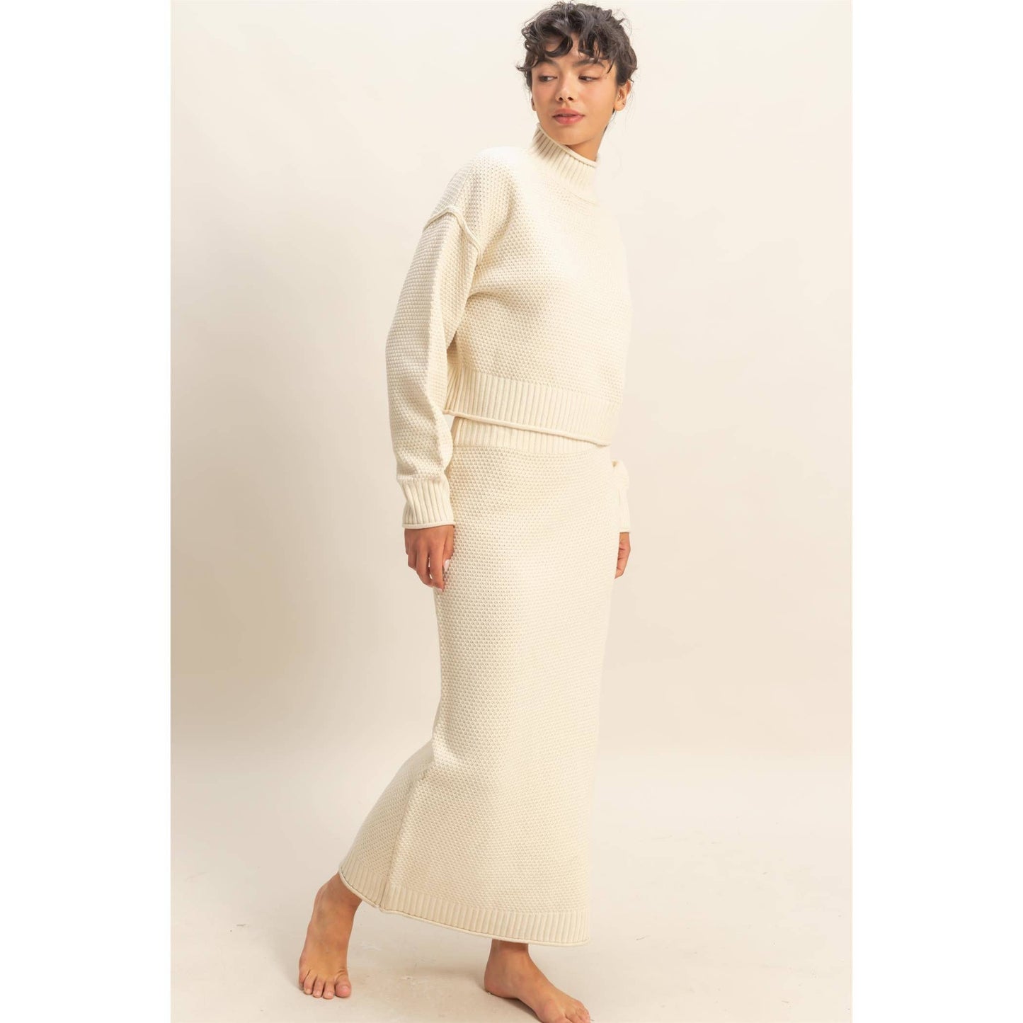Textured High Neck Sweater & Skirt Set