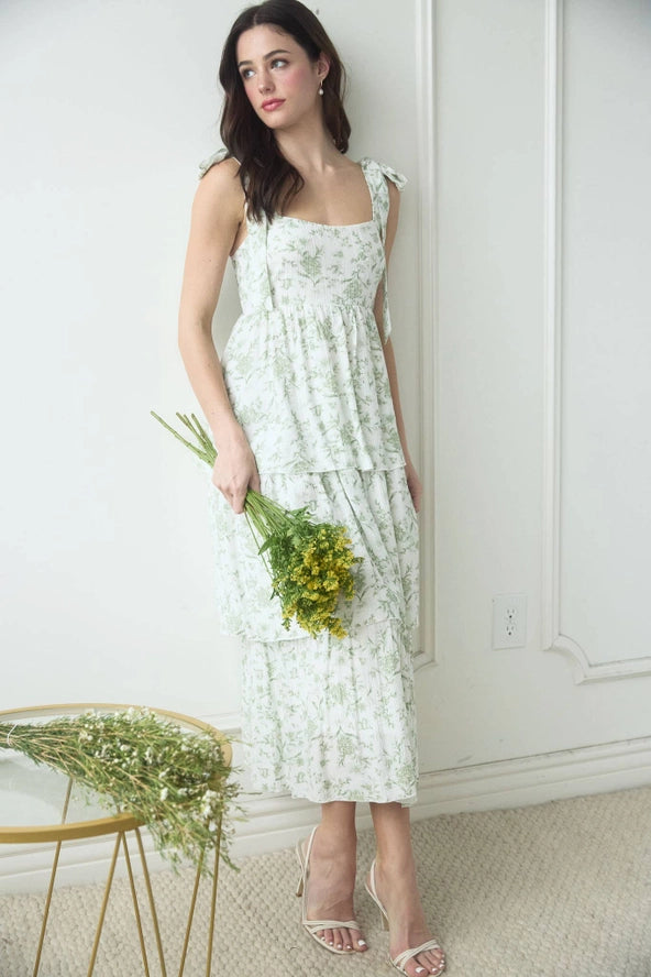 Floral Tie Strap Midi Dress- SAGE