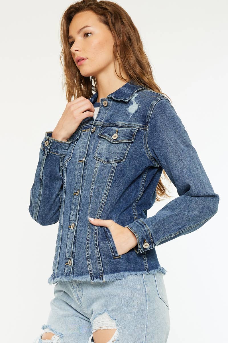 FRAY HEM TRUCKER COMFORT STRETCH DENIM JACKET