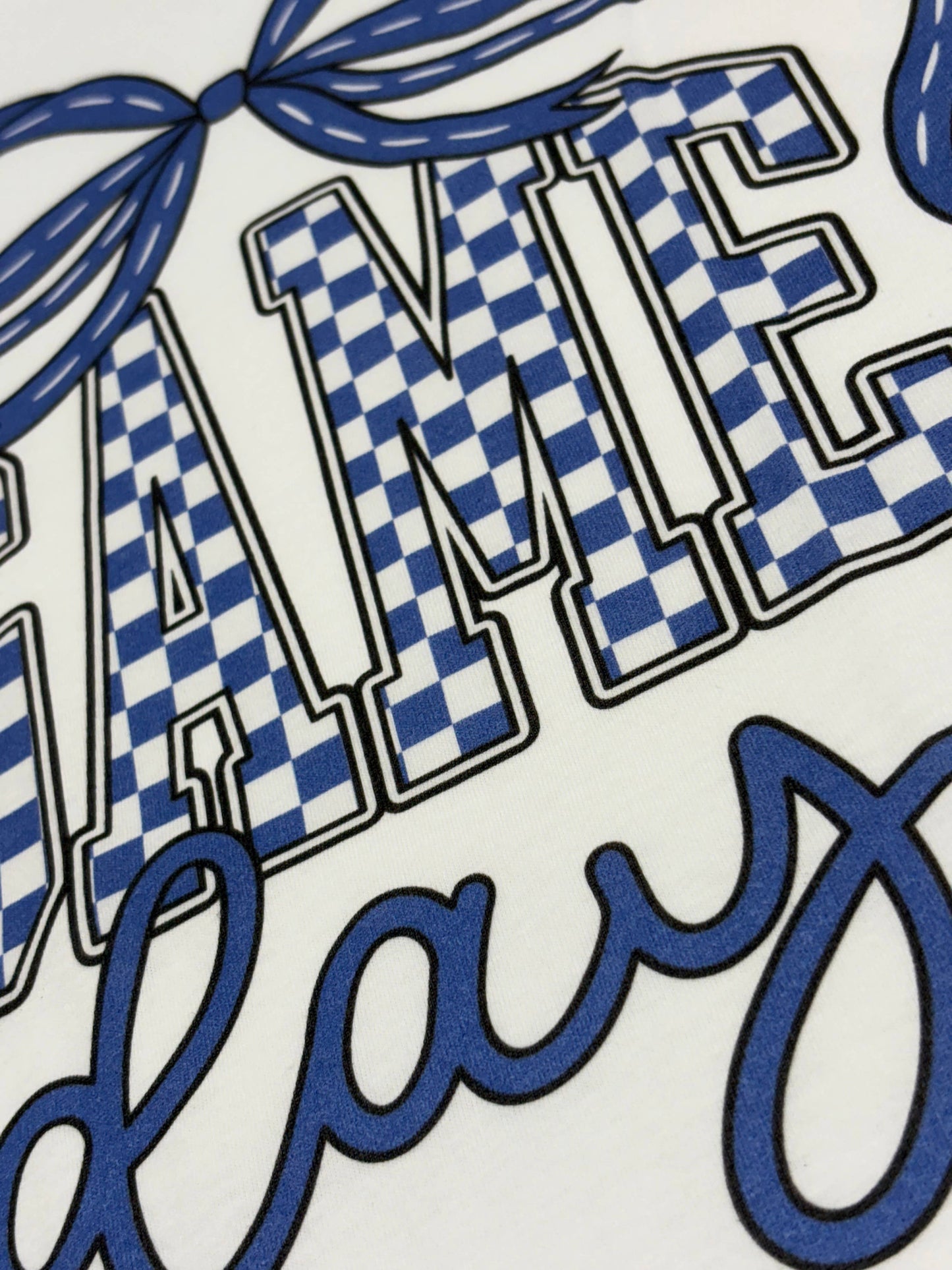 Game Day Blue Checkered Bow White T-Shirt