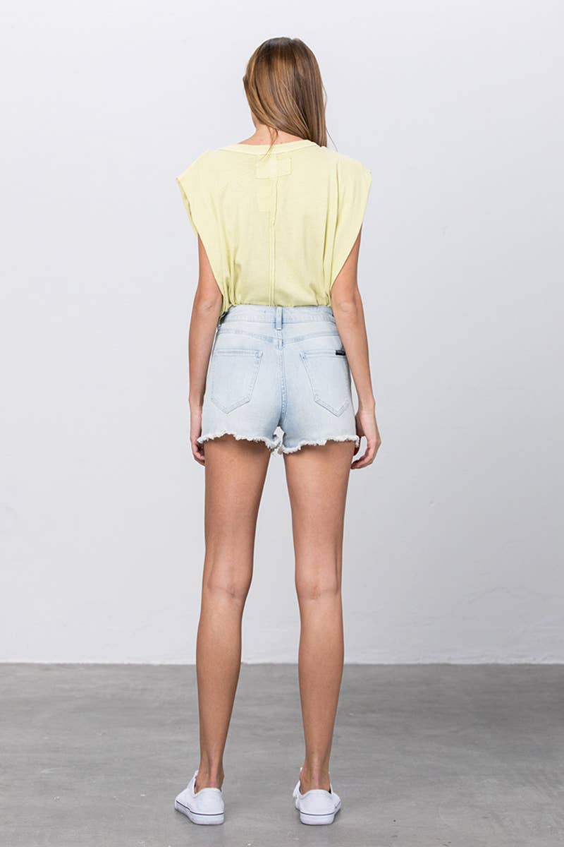 High Rise Front Zip Frayed Hem Denim Shorts
