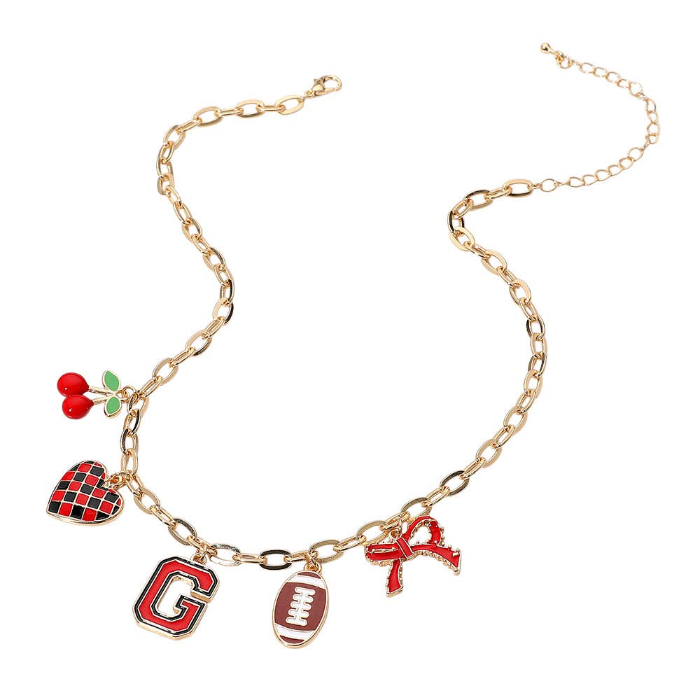 Football Theme Bow Cherry Heart Charm Station Necklace