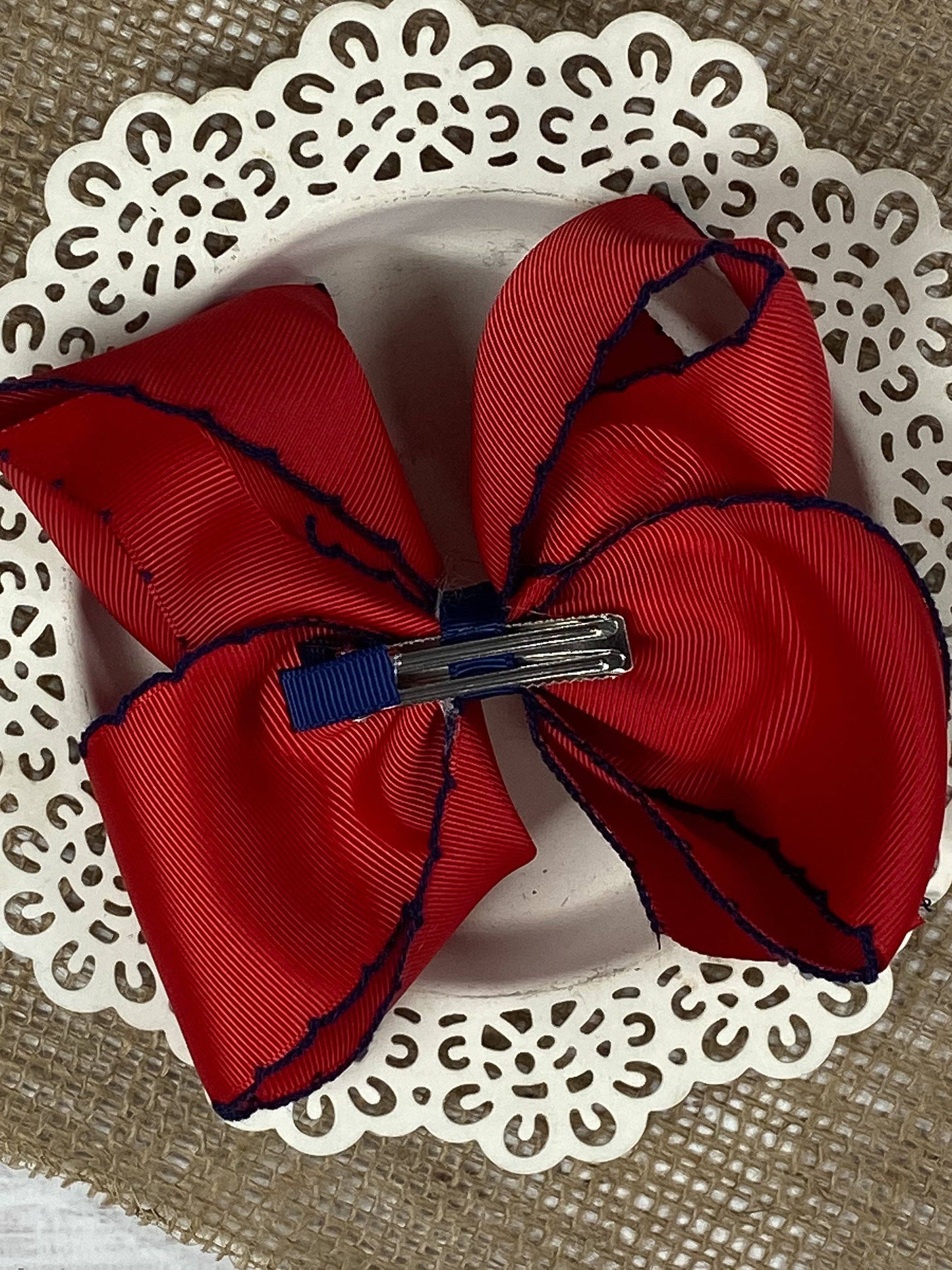 Red with Navy Moonstitch Hair Bow