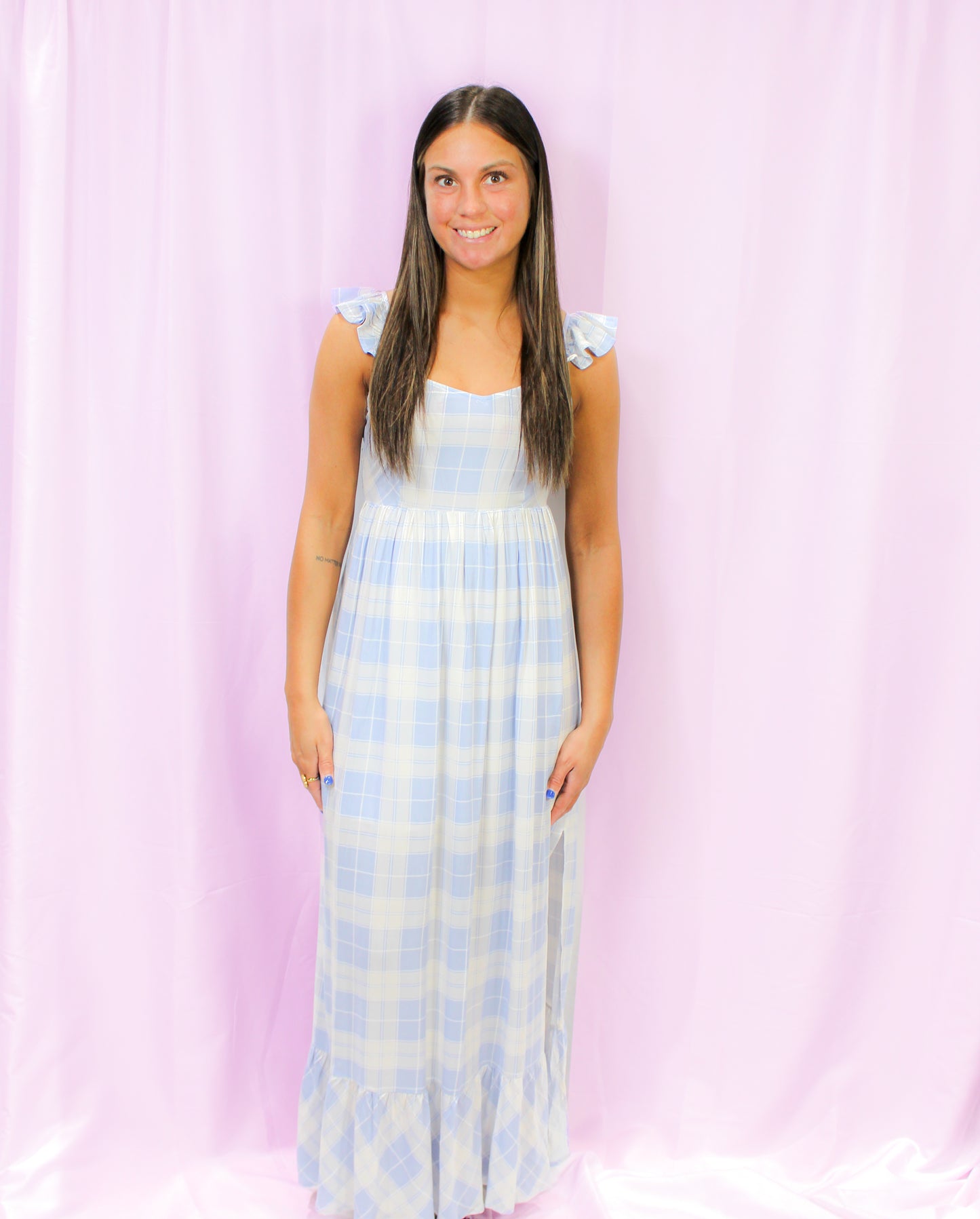 Plaid Sweetheart Sleeveless Open Back Maxi Dress : Powder Blue