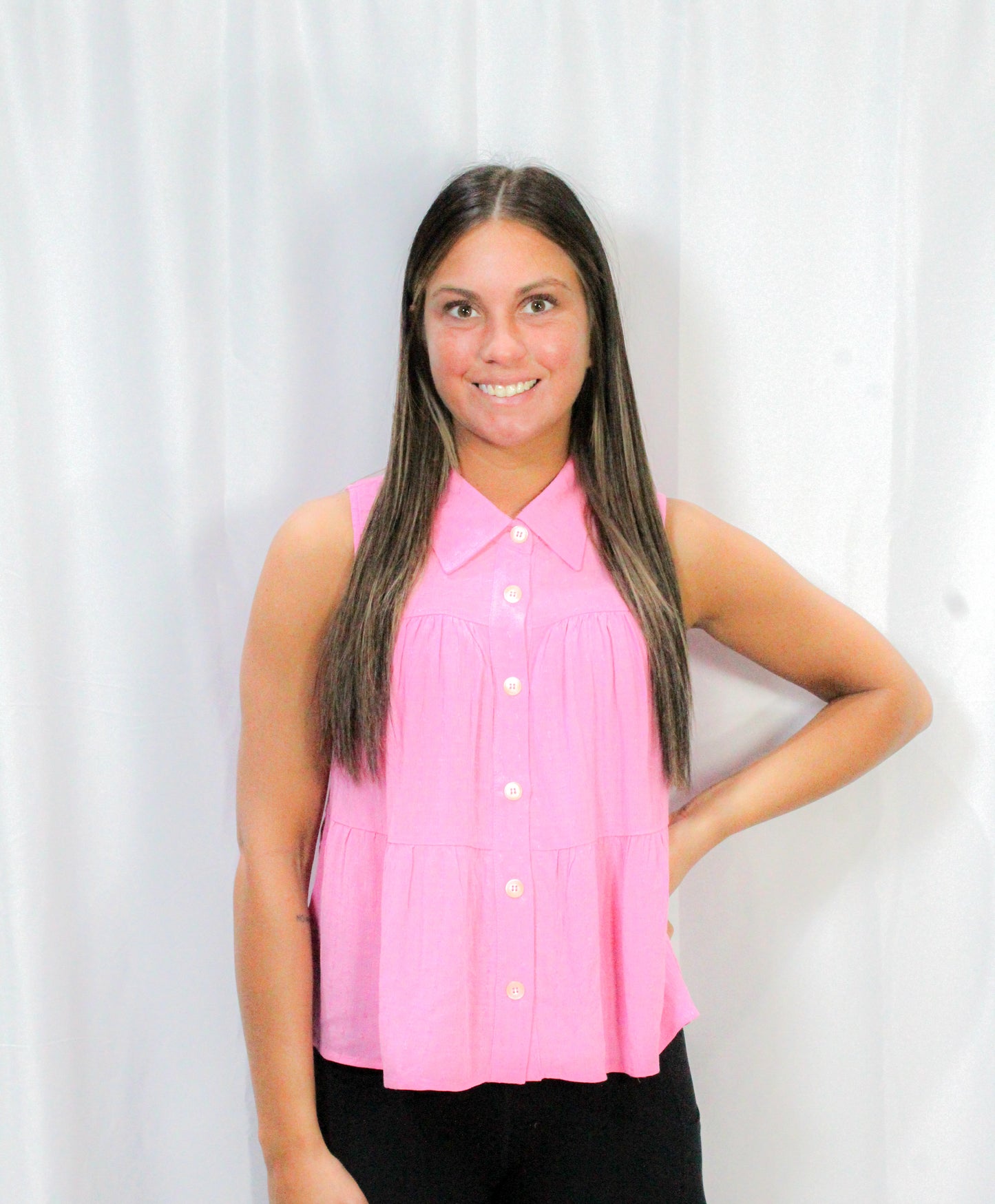 Textured Jacquard Tiered Button-Up Sleeveless Top : Bubble Gum