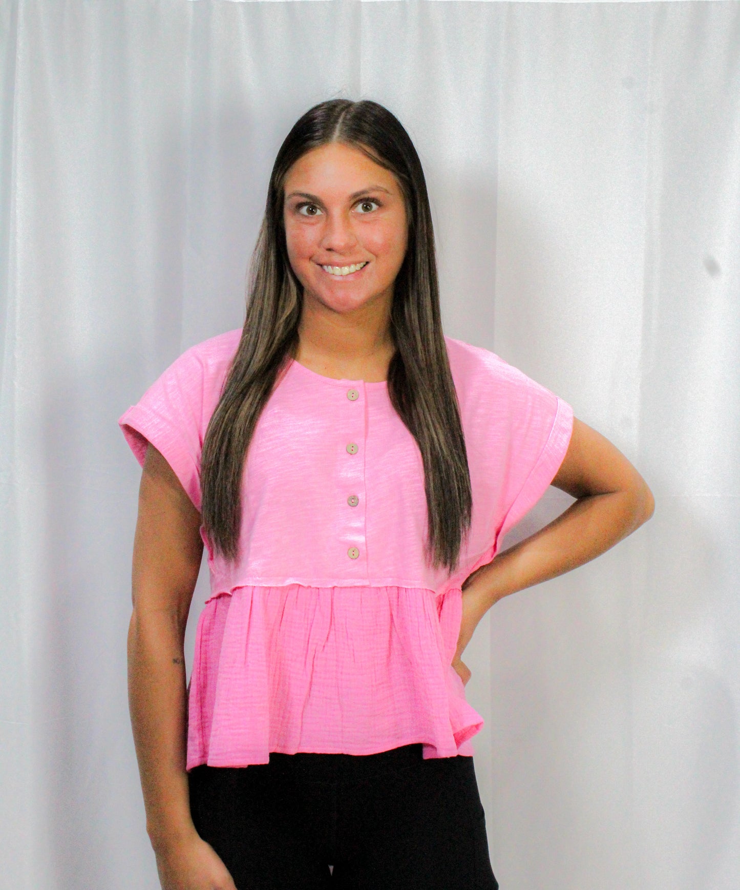 Slub Knit Crinkle Cotton Half-Button Babydoll Top : Bubble Gum