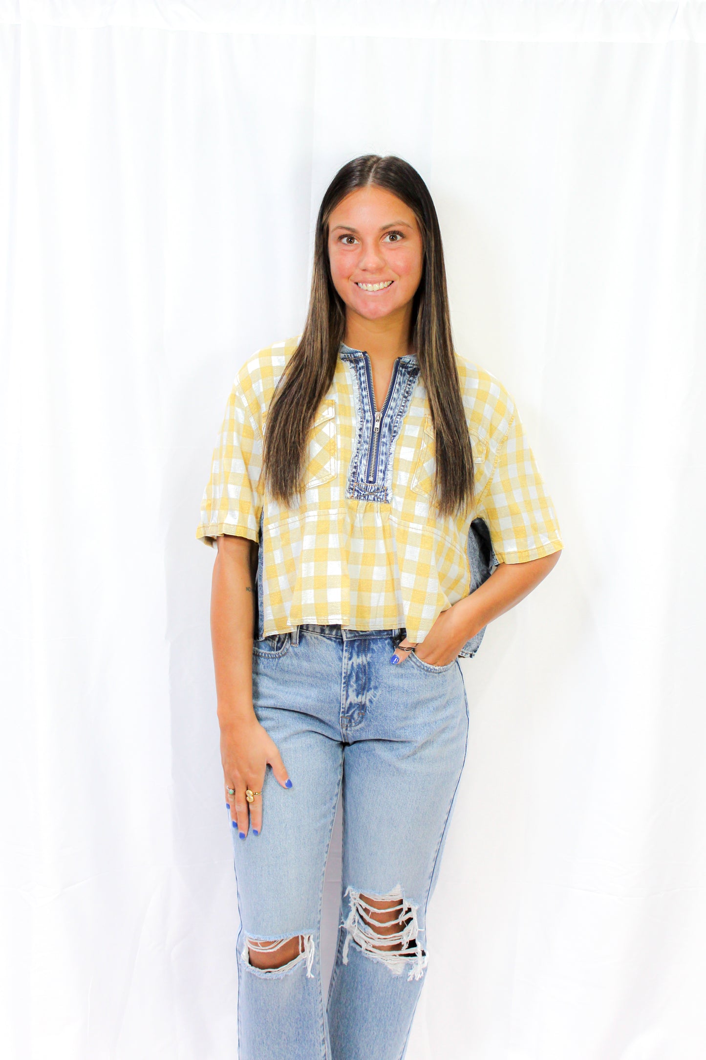 Plaid Contrast Denim Round Neck Zipper Front Top