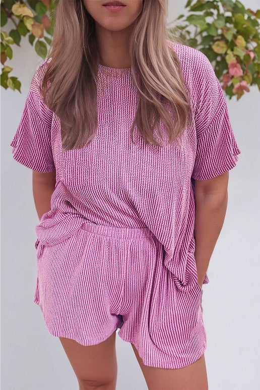 Ribbed Knit T Shirt and Shorts Lounge Set: Missy Purple