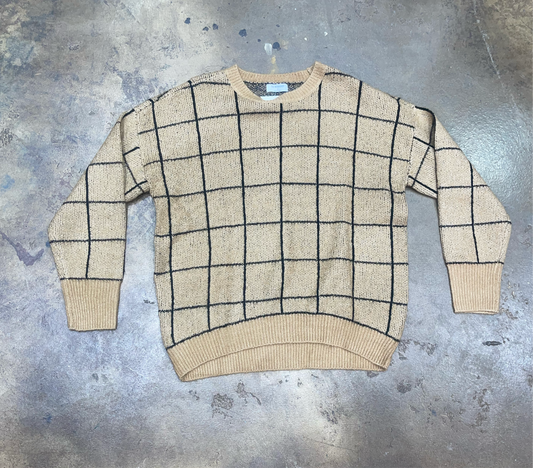 GRID PRINT CREW NECK KNIT PULLOVER SWEATER