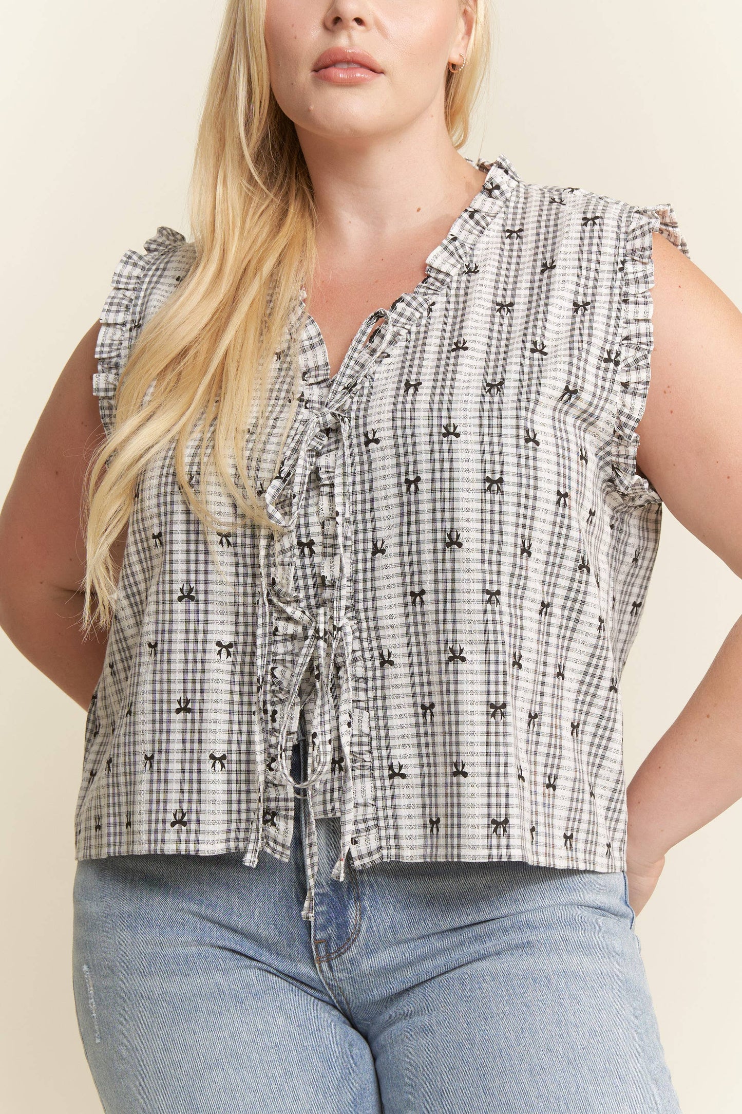 PLUS SIZE BOW PRINT PLAID TIE FRONT TOP