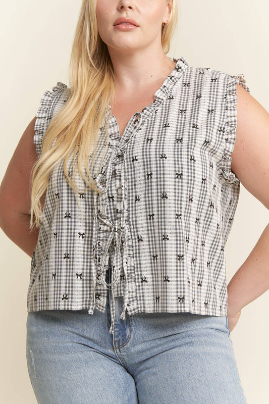 PLUS SIZE BOW PRINT PLAID TIE FRONT TOP