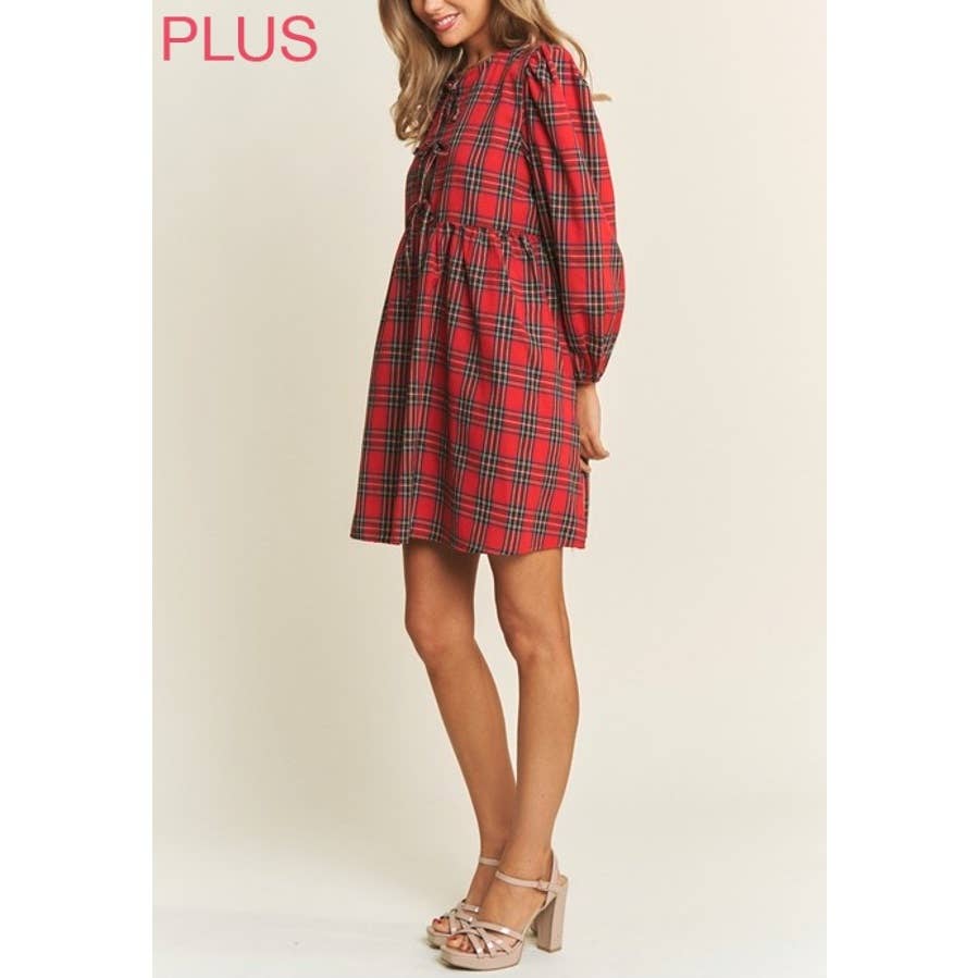 PLUS SOFT PLAID  BABYDOLL BOW MINI DRESS