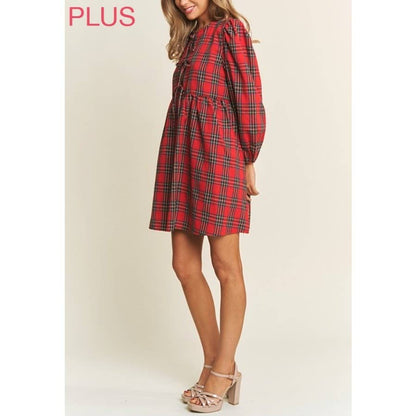 PLUS SOFT PLAID  BABYDOLL BOW MINI DRESS