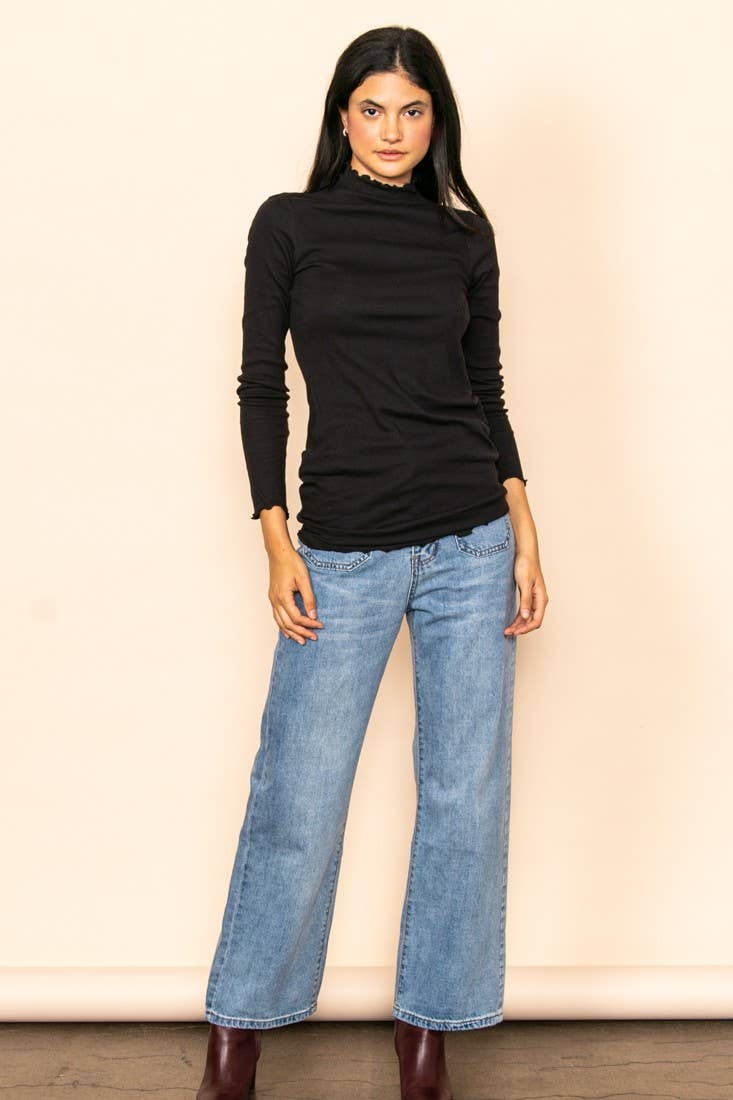 Mock Neck Merrow Detail Ribbed Long Sleeve Top