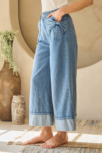 Washed Denim Wide Leg Pants
