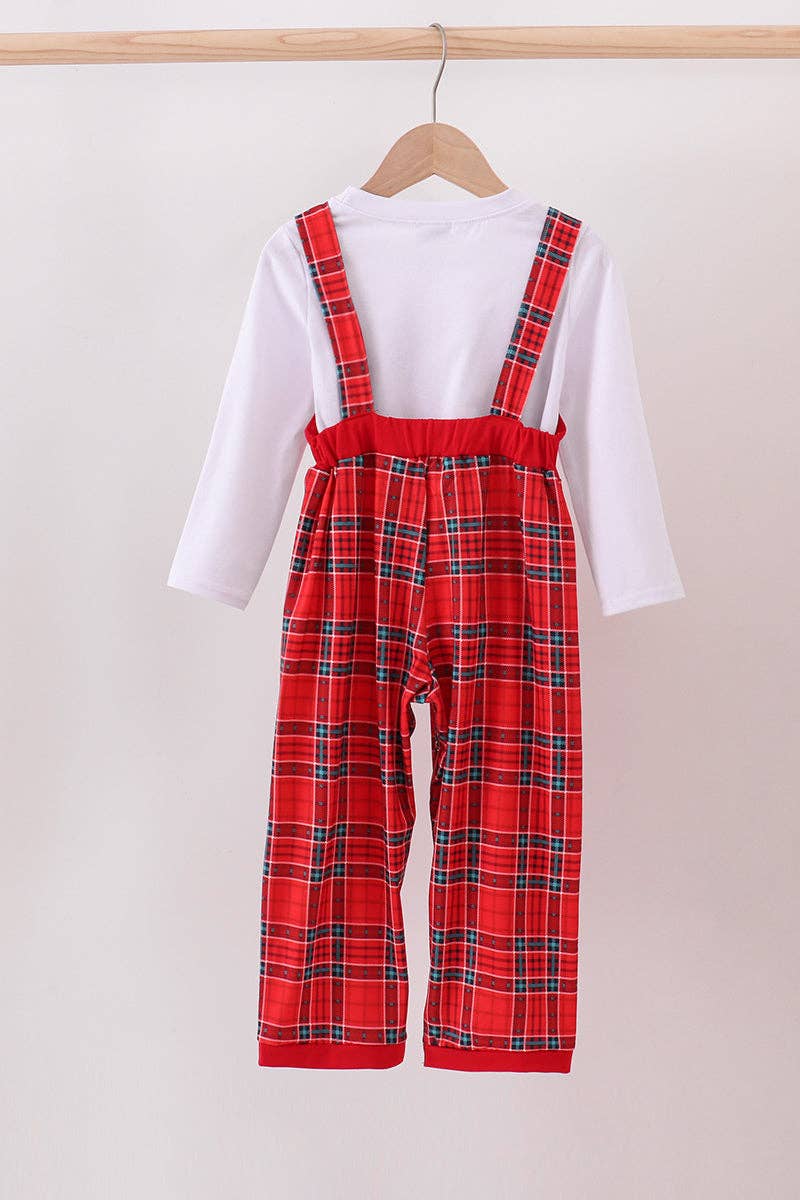 KIDS Red tree embroidery plaid jumpsuit set