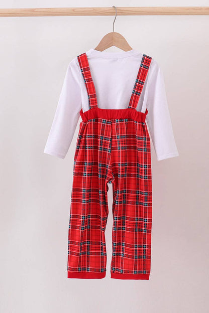 KIDS Red tree embroidery plaid jumpsuit set