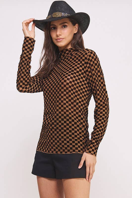 PLUS SIZE LONG SLEEVE CHECKERED MESH MOCK NECK TOP