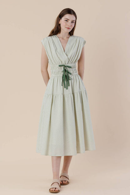 Plaid Surpliced Front Bow Tie Waist Midi Dress