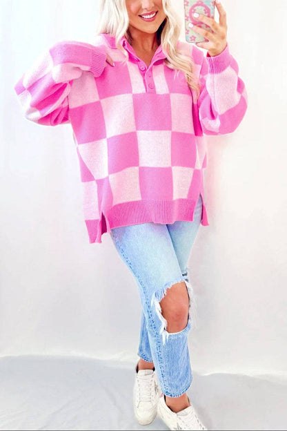 Pink Checkerboard Half Button Collared Drop Shoulder Sweater