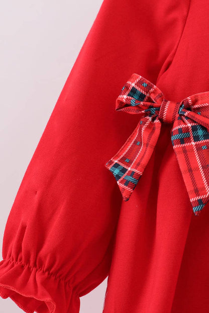 Red tree embroidery plaid bow pants set