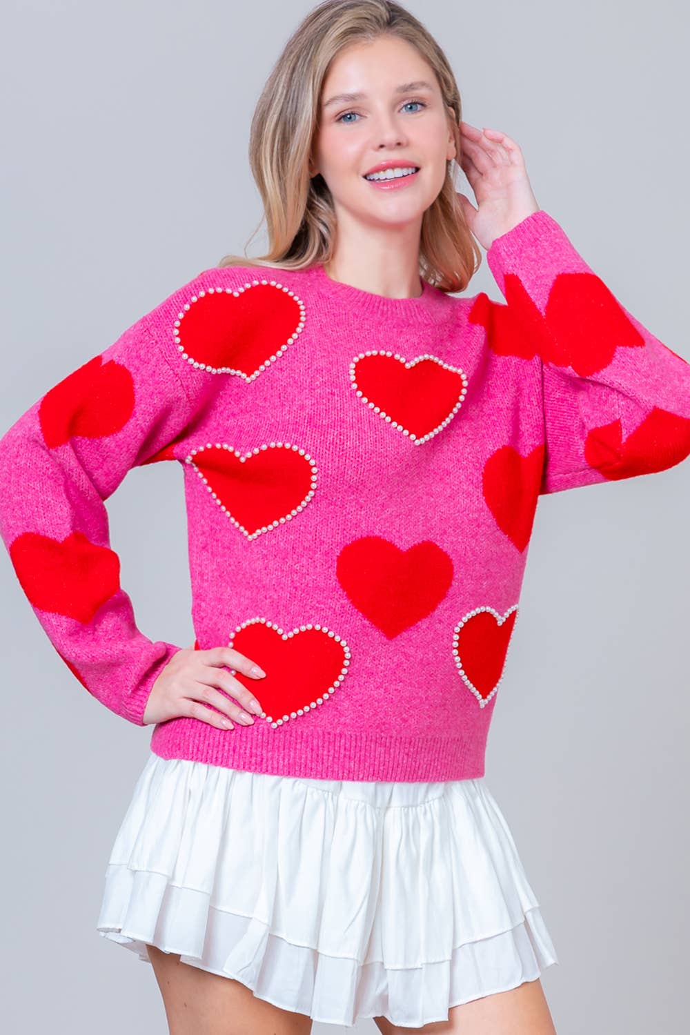 COZY PINK SWEATER WITH RED HEARTS & PEARL DETAILS