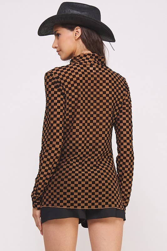 PLUS SIZE LONG SLEEVE CHECKERED MESH MOCK NECK TOP