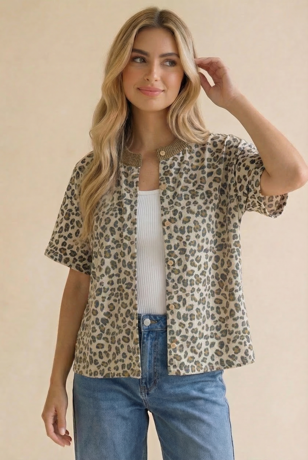 Leopard Print Button Down French Terry Cardigan