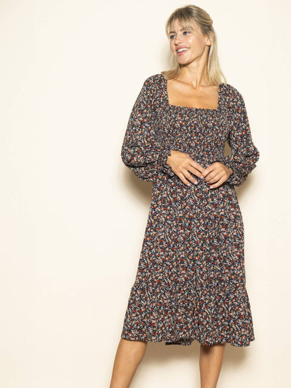 Velvet Back Tie Long Sleeve Winter Midi Dress with Pockets