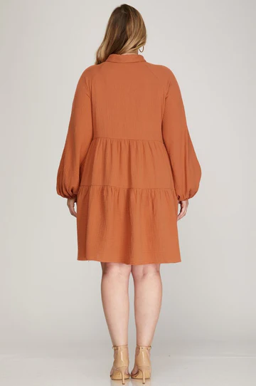 CINNAMON LONG SLEEVES BUTTON DOWN PLUS SIZE SHIRT MINI DRESS