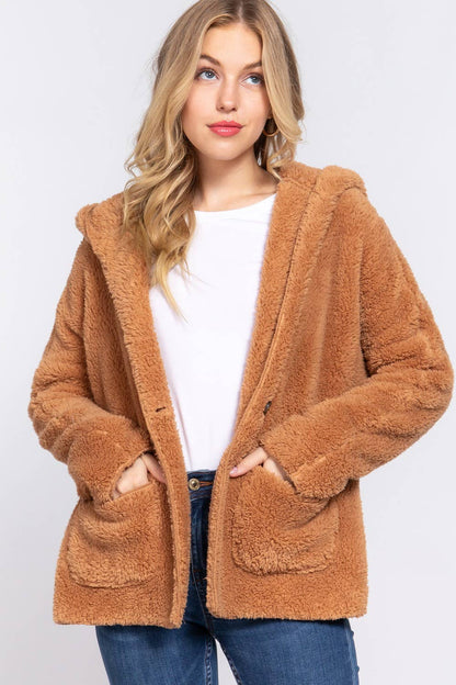 Long Dolman Sleeve Hoodie Sherpa Jacket