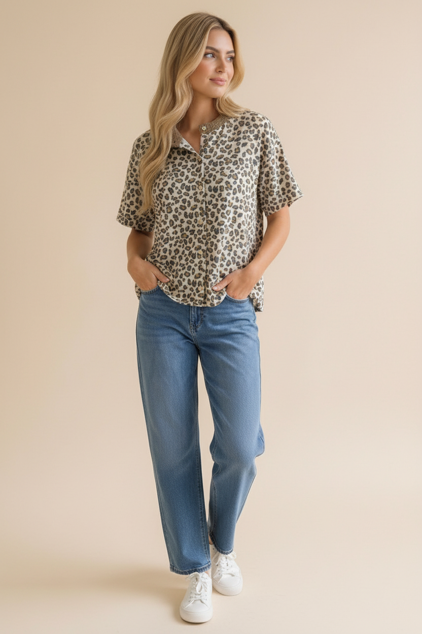 Leopard Print Button Down French Terry Cardigan
