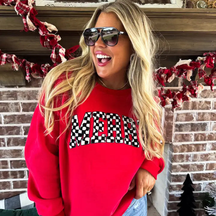 Merry Checkered Letter Sweatshirt