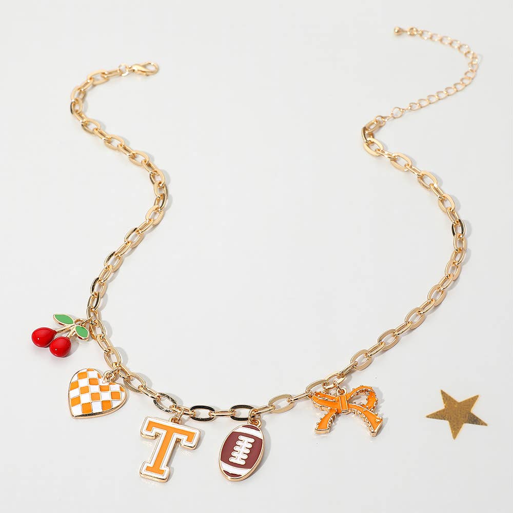 Football Theme Bow Cherry Heart Charm Station Necklace