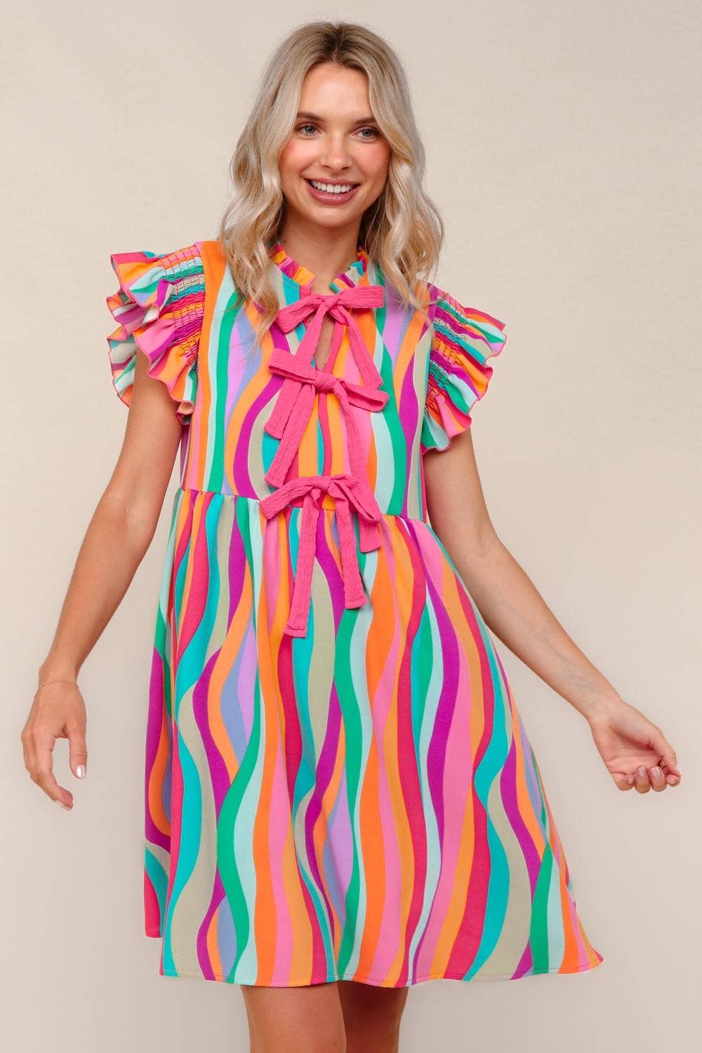 Plus Multicolor Dress W/ Cute Bow Tie Front