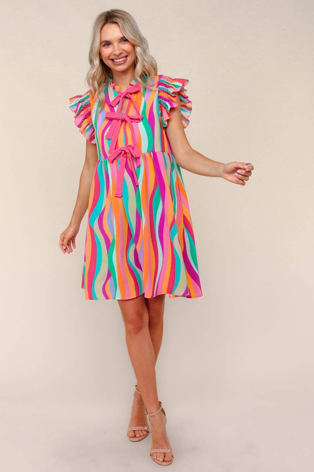Plus Multicolor Dress W/ Cute Bow Tie Front