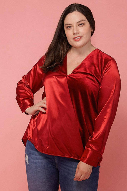 Pleione Plus Size Women's Charmeuse Contrast Cross Front Blouse