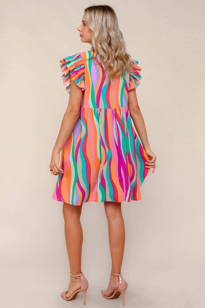 Plus Multicolor Dress W/ Cute Bow Tie Front