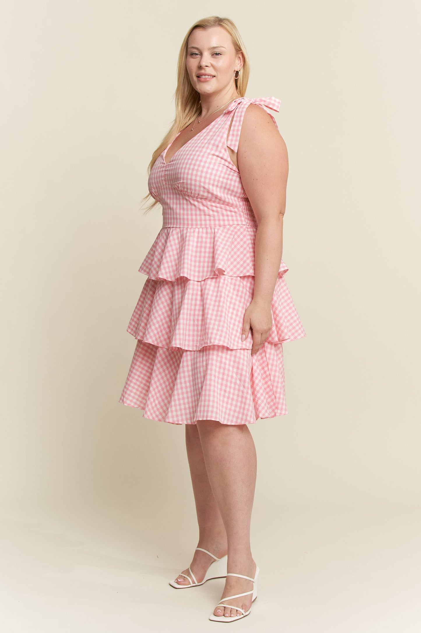 PLUS SIZE GINGHAM TIERED MINI DRESS
