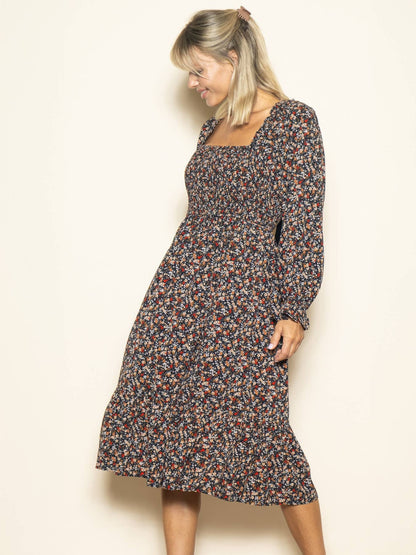 Velvet Back Tie Long Sleeve Winter Midi Dress with Pockets
