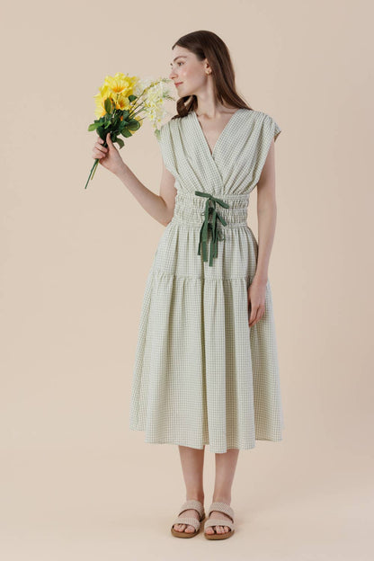 Plaid Surpliced Front Bow Tie Waist Midi Dress