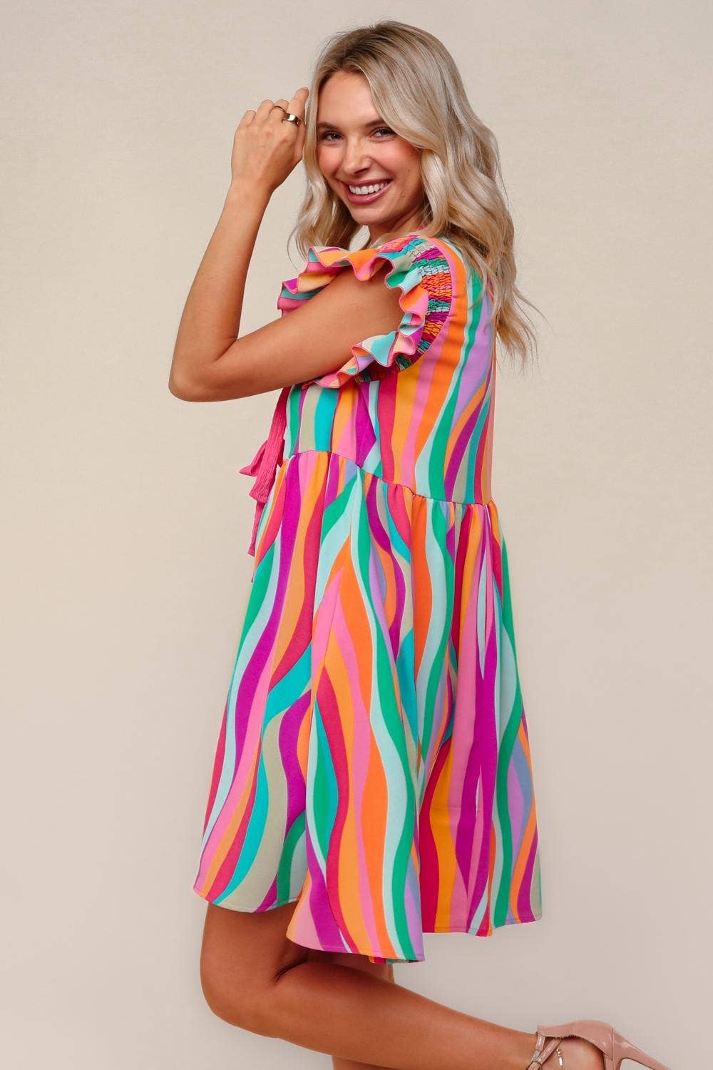 Plus Multicolor Dress W/ Cute Bow Tie Front