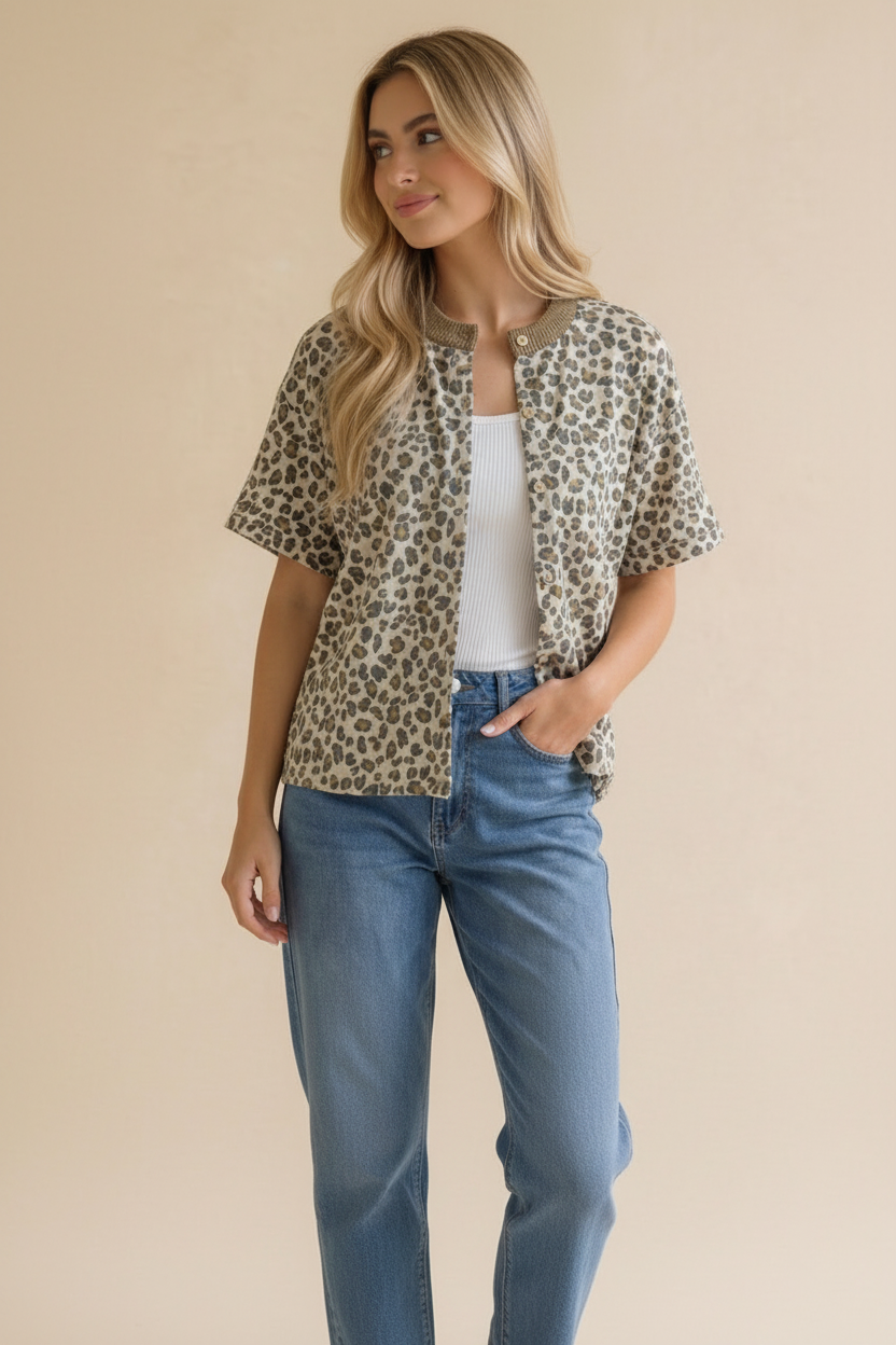 Leopard Print Button Down French Terry Cardigan
