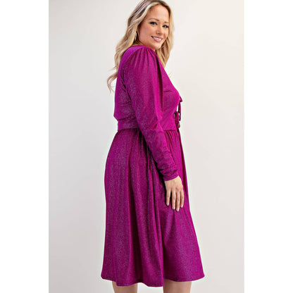 PLUS SIZE GLITTER KNIT FLARE DRESS WITH BOW DETAILS