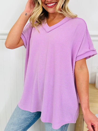 PLUS RAISED RIB SHORT SLEEVE HI-LOW V NECK TOP