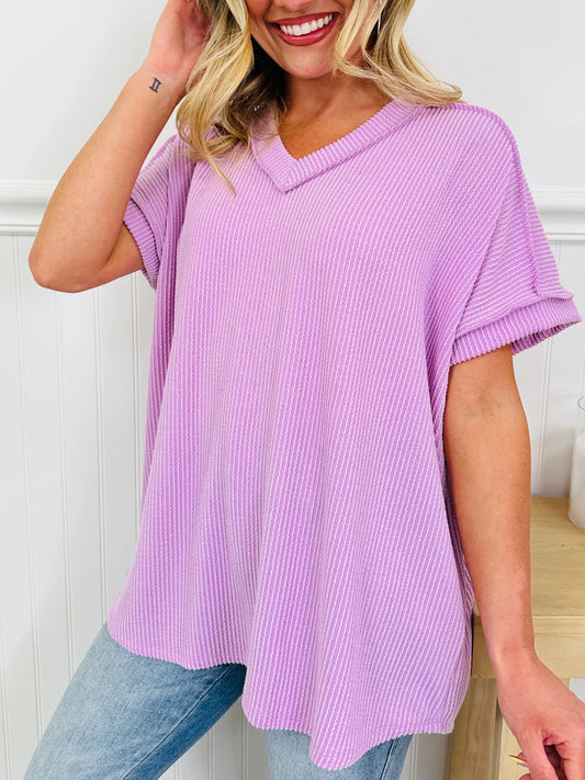 PLUS RAISED RIB SHORT SLEEVE HI-LOW V NECK TOP
