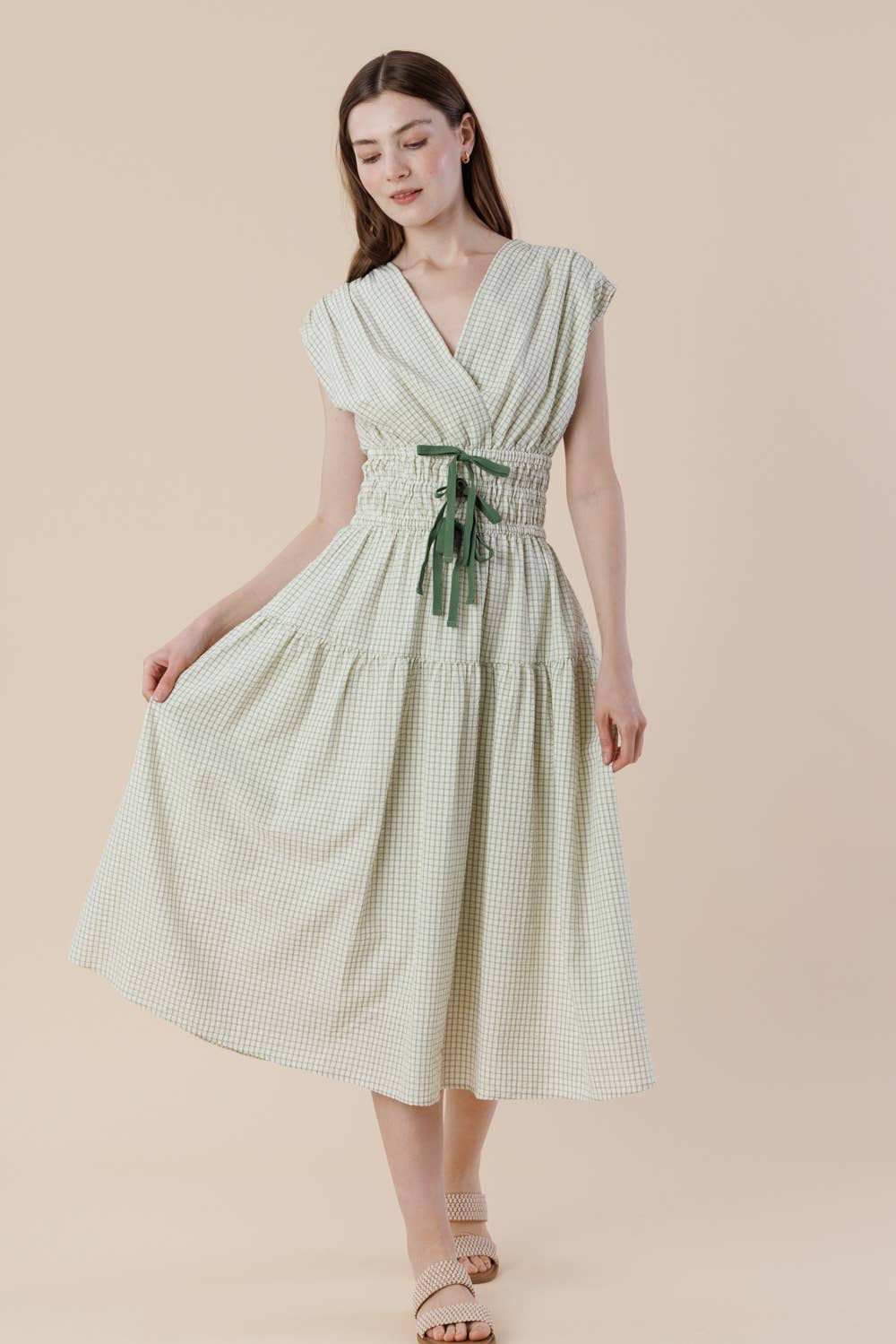 Plaid Surpliced Front Bow Tie Waist Midi Dress