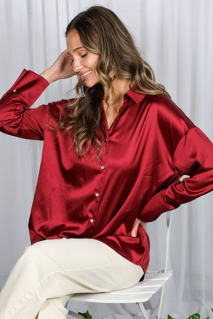 Collared Neckline Solid Satin Blouse Shirt